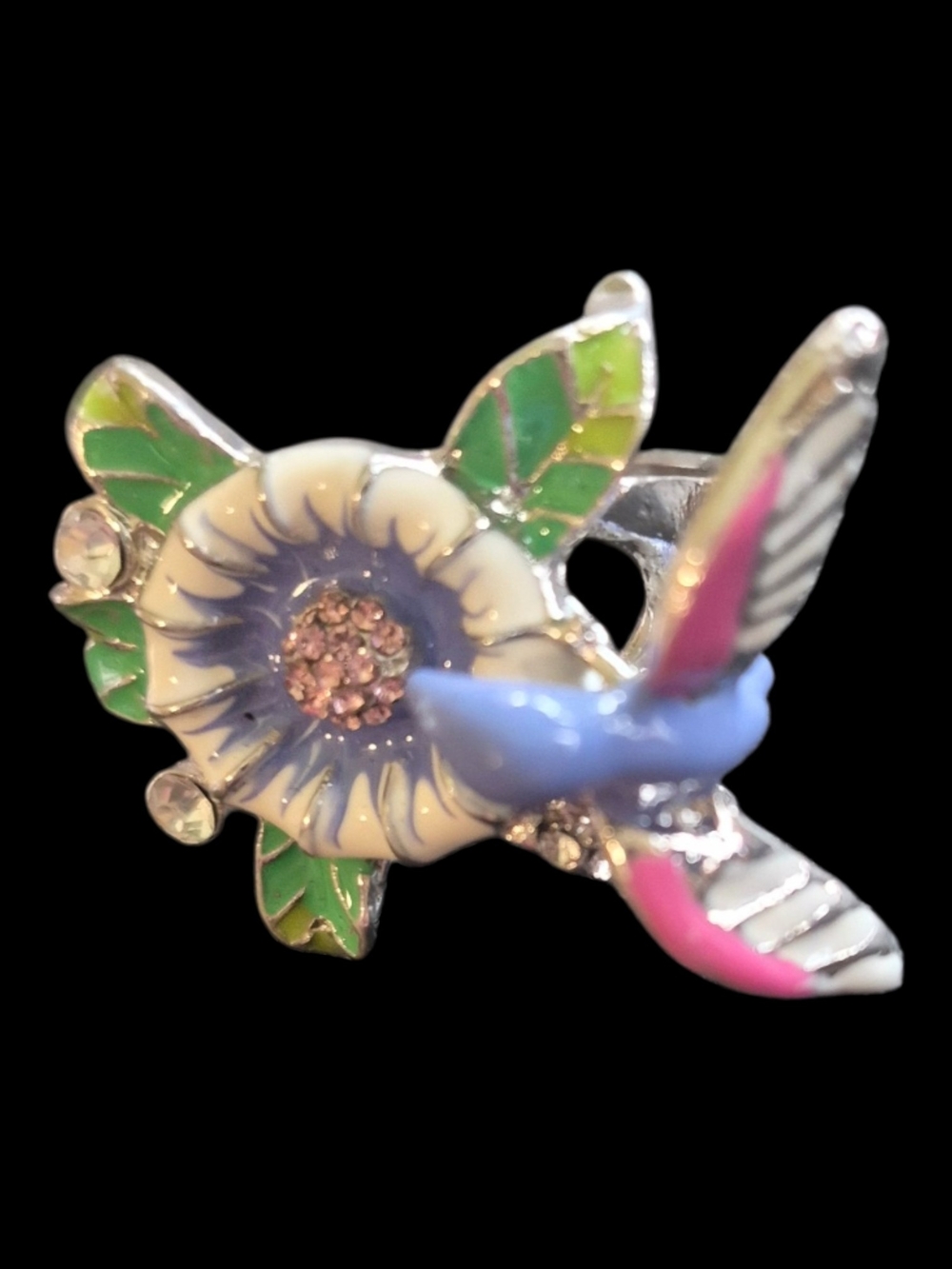 Blue & Pink Hummingbird Enamel Stainless Steel Ring Size 10